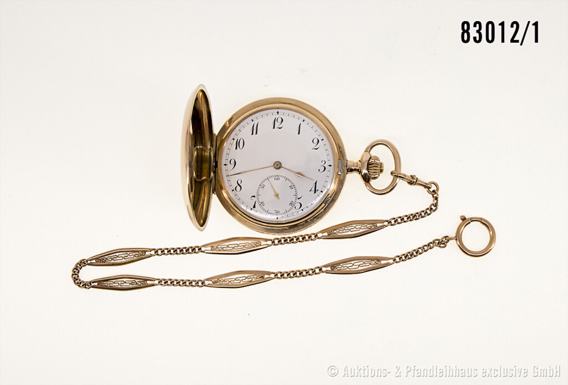 Taschenuhr, Gehäuse 585er Gold, gestempelt 14 K und 4266 17, mit Kette, Durchmesser ca. ...