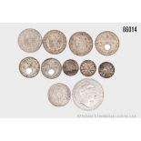 Konv. 11 Silbermünzen Kaiserreich, Drittes Reich, dabei 5 Mark Preußen 1907, 2 Mark ...