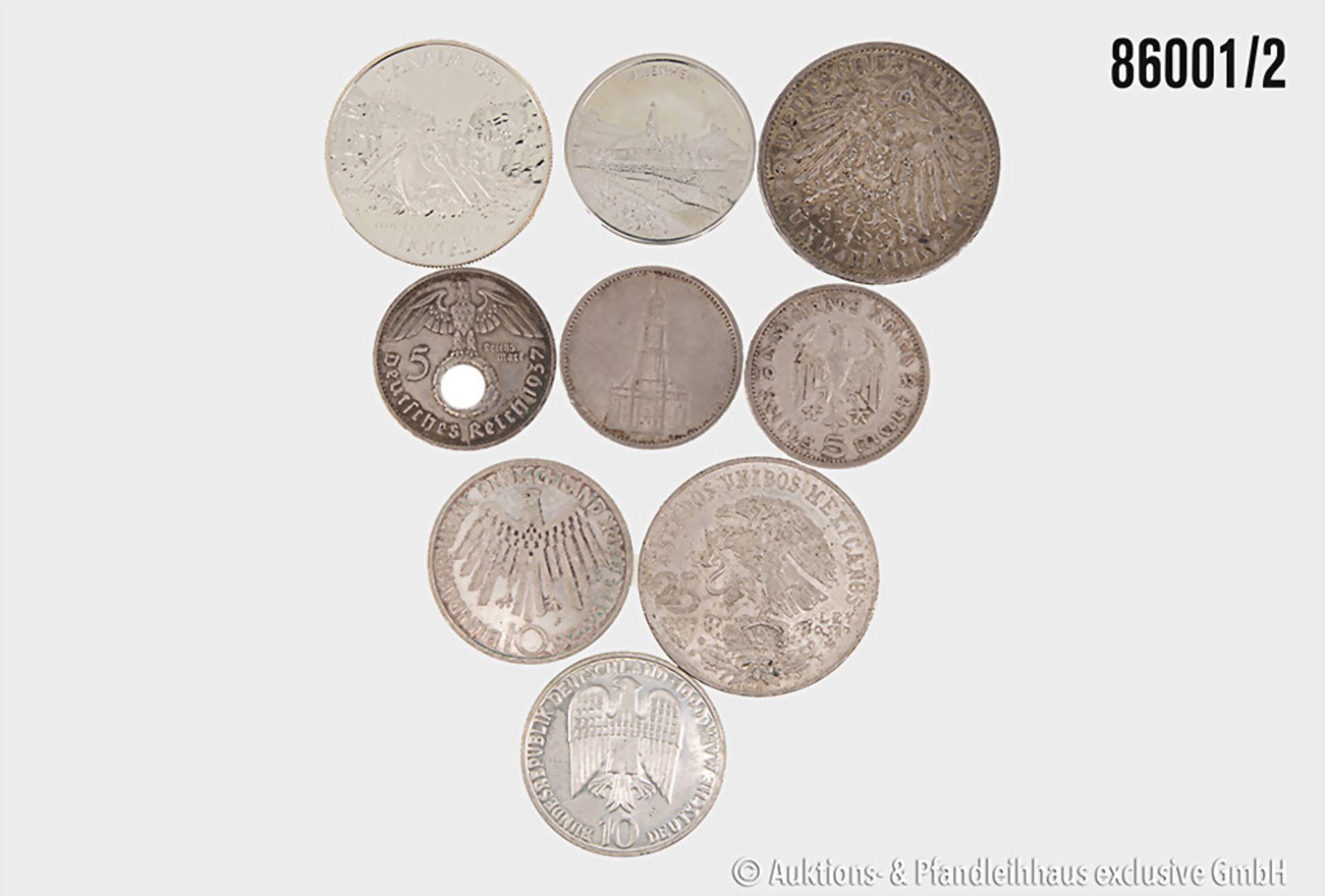 Konv. 9 Silbermünzen, 5 Mark 1913 Preußen, 3 x 5 Mark 1935-1937, 10 DM Olympiade 1972, ... - Image 2 of 2