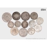 Konv. 13 Silber Münzen, versch. Länder, u.a. Spanien, Frankreich, England, Russland, ...