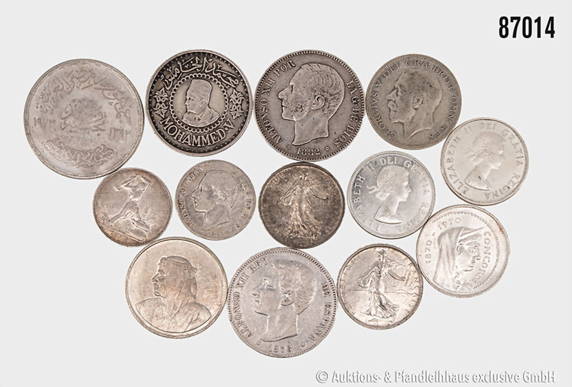 Konv. 13 Silber Münzen, versch. Länder, u.a. Spanien, Frankreich, England, Russland, ...