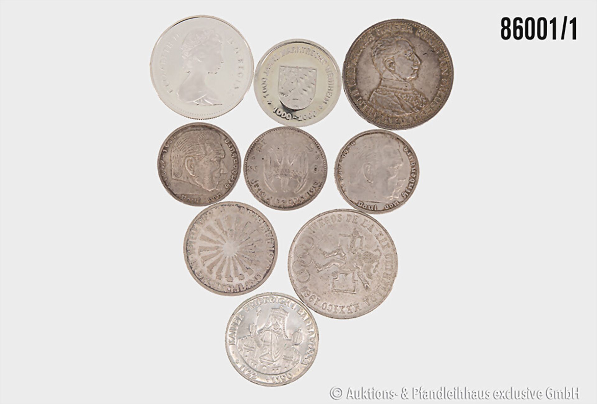 Konv. 9 Silbermünzen, 5 Mark 1913 Preußen, 3 x 5 Mark 1935-1937, 10 DM Olympiade 1972, ...