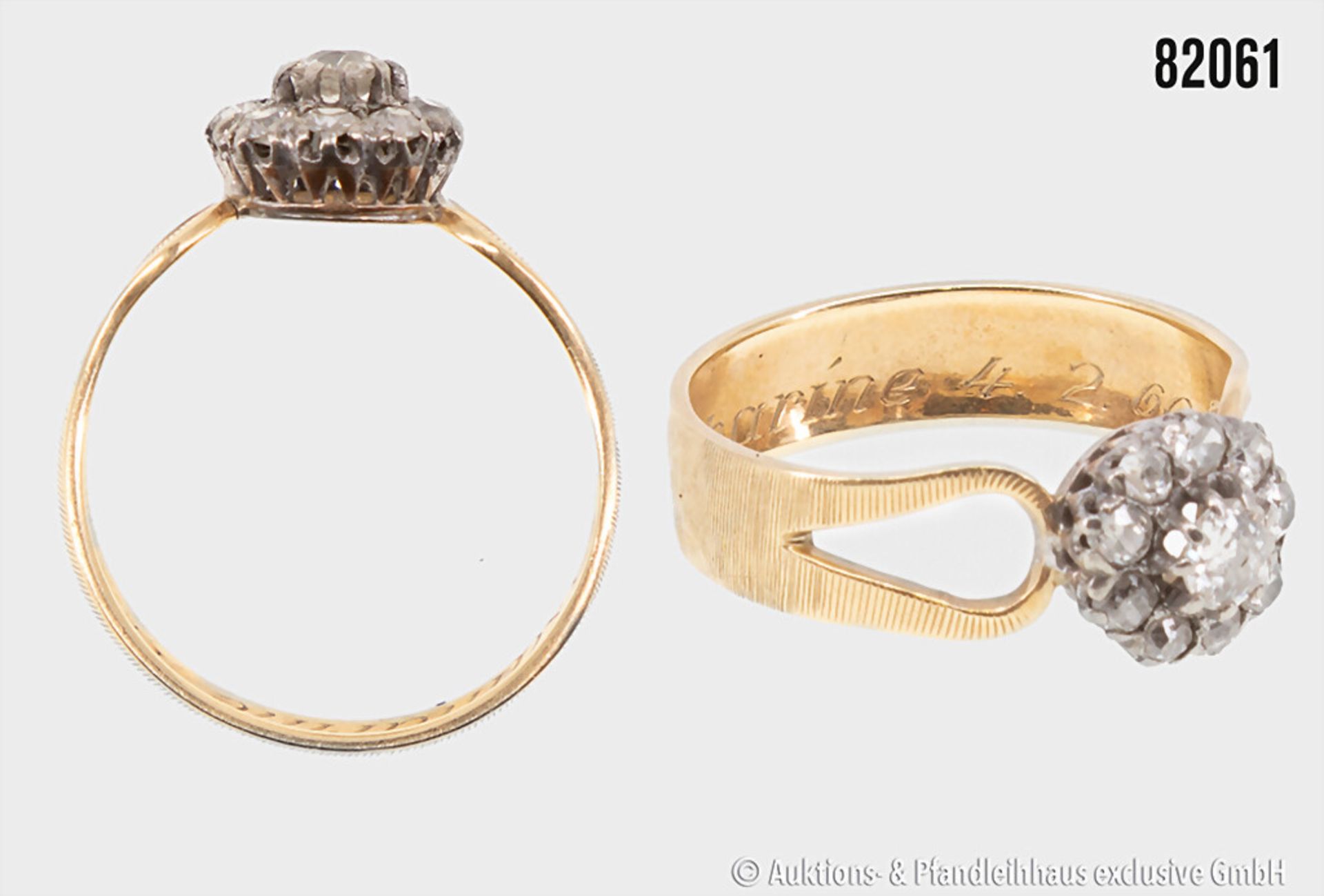 Ring, 585 Gelbgold, mit Altschliff-Diamanten, zus. ca. 0,32 ct., innen Namensgravur mit ...