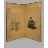Nikyoku Byobu, paravent à deux feuilles illustrant un samouraï et de ronins Pigments polychromes sur
