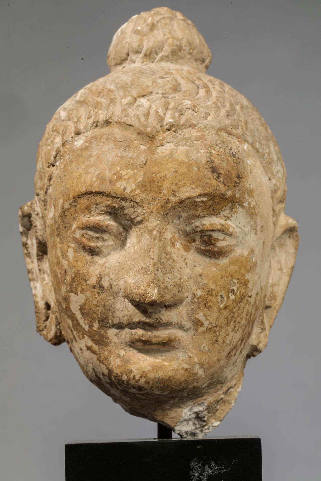Tête du Boddhisattva Maitreya, coiffée d’une chevelure bouclée surmontée d’un chignon Stuc Art Gréco - Bild 3 aus 6