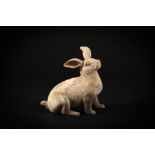 Figuration d'un lapin Terre cuite à trace d’engobe blanc et de polychromie Chine Dynastie Han 206