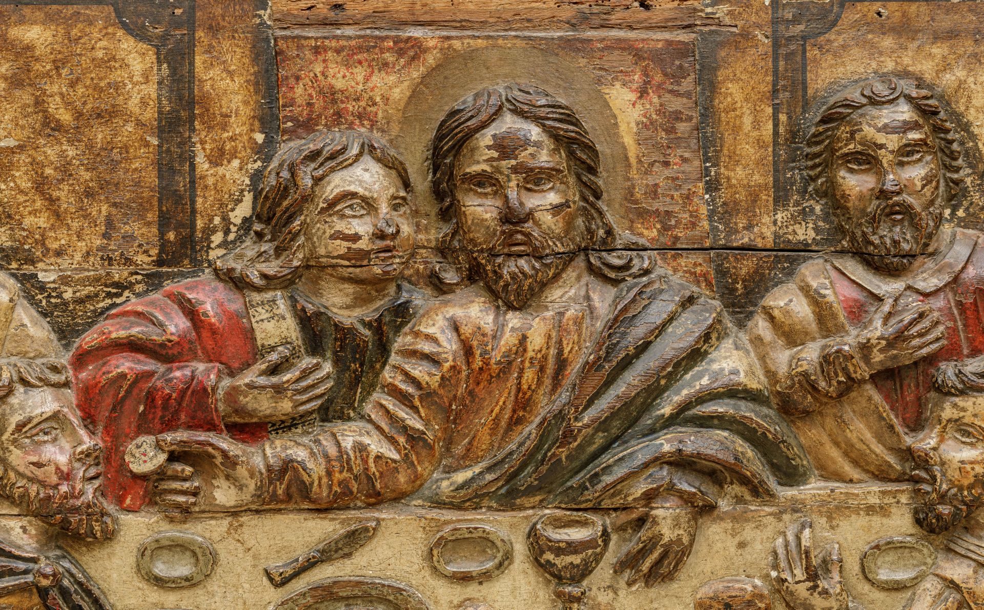 Bas relief sculpté illustrant la Cène le christ et les douze apôtres Bois polychrome 16 eme siècle - Bild 6 aus 12