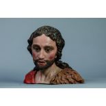 Buste de Jean Baptiste portant un vêtement de fourrure et de cuir Bois polychrome Italie 17 eme