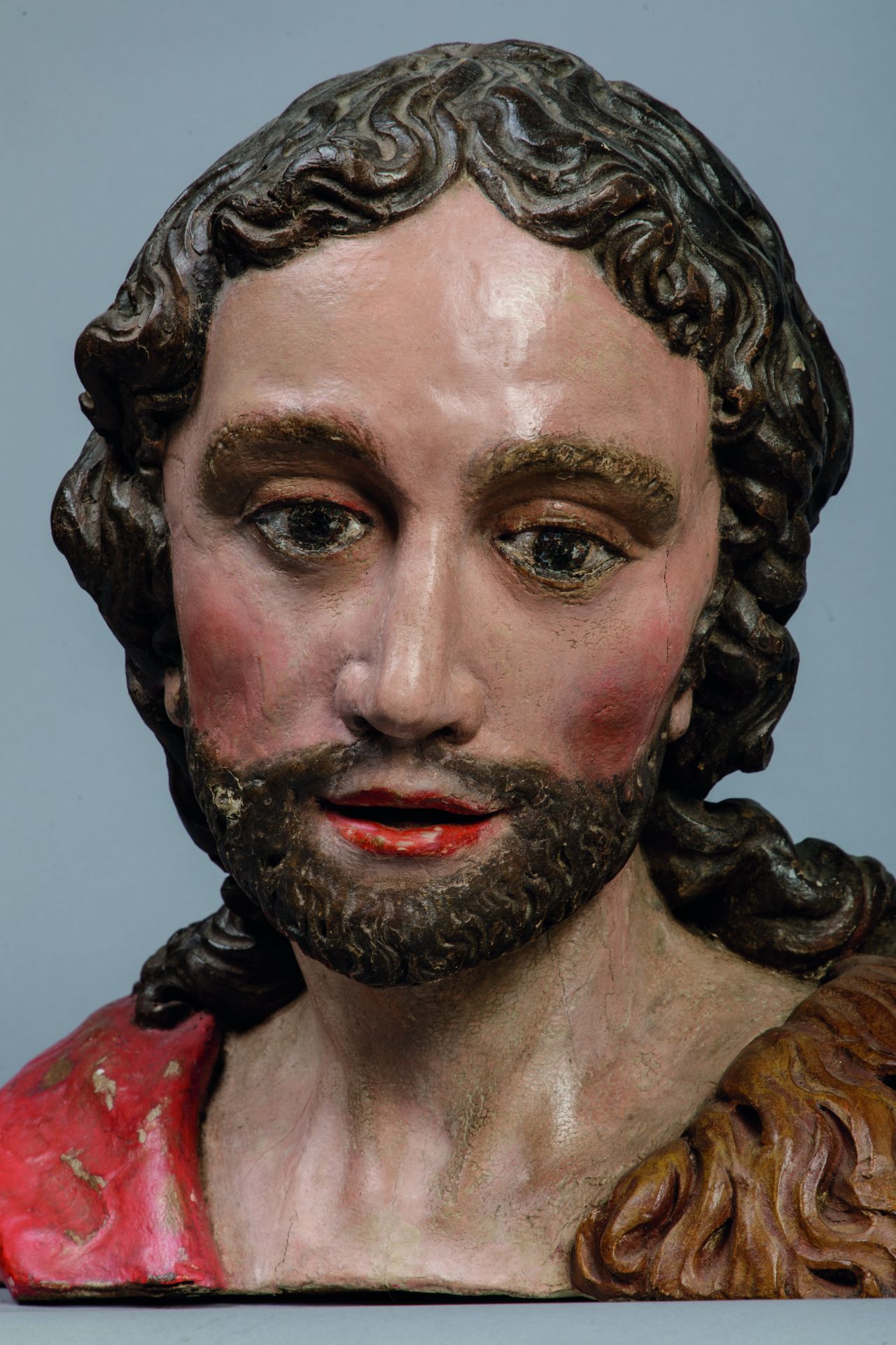 Buste de Jean Baptiste portant un vêtement de fourrure et de cuir Bois polychrome Italie 17 eme - Bild 3 aus 3