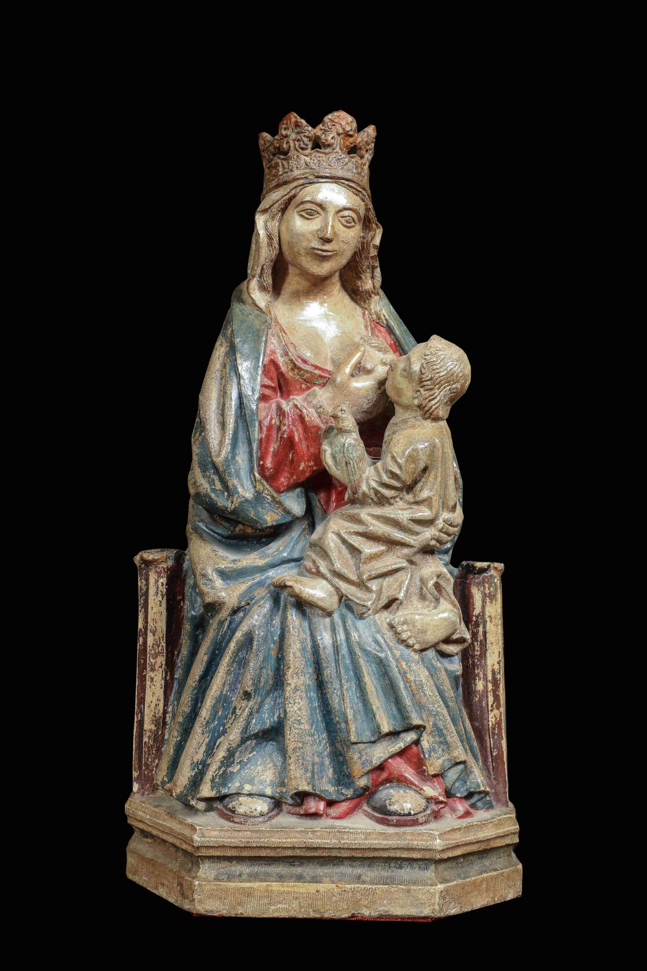Vierge à l'enfant allaitant Pierre polychrome 15 ème siècle Ht 55cm x l 28cm