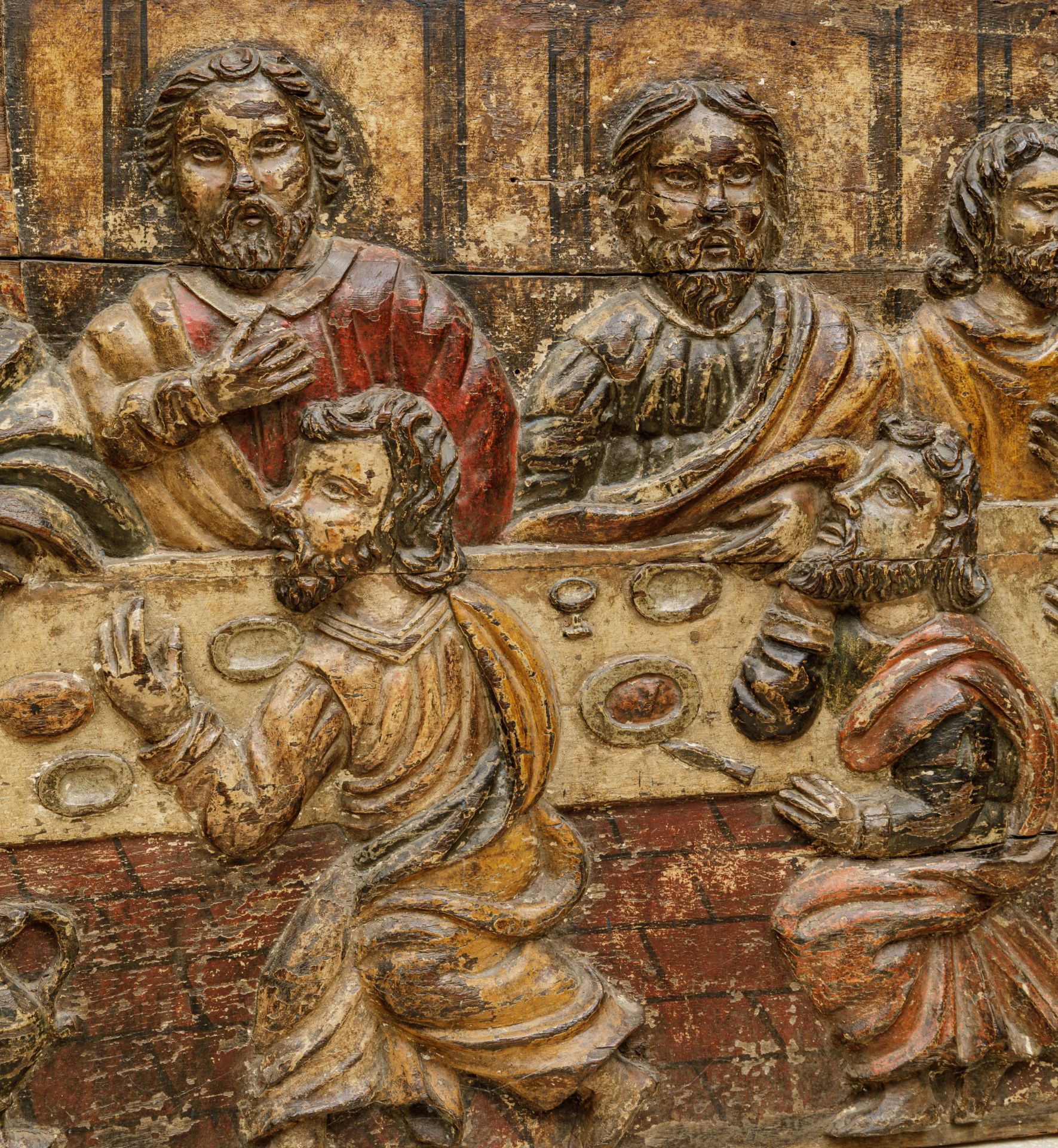 Bas relief sculpté illustrant la Cène le christ et les douze apôtres Bois polychrome 16 eme siècle - Bild 7 aus 12
