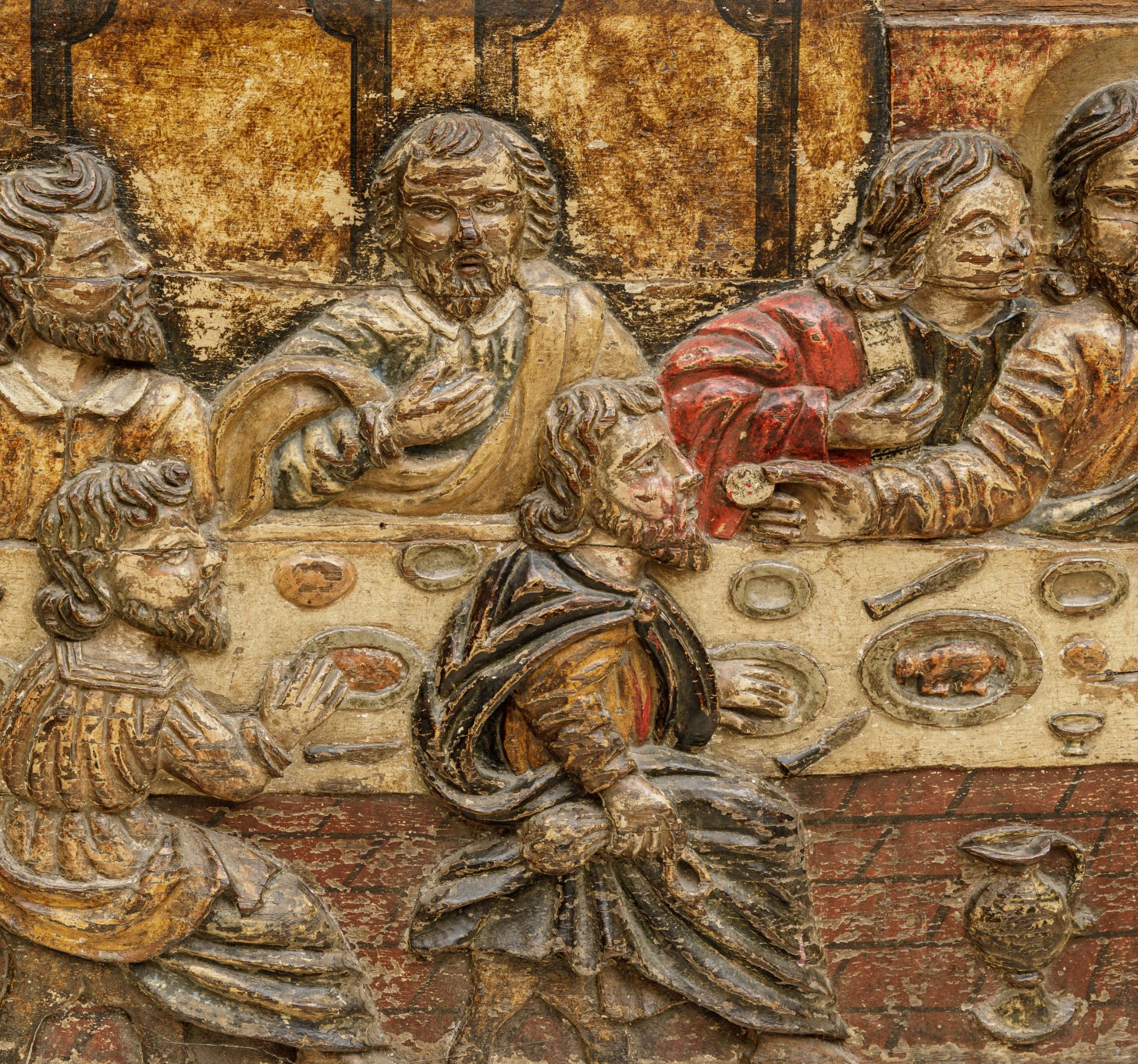Bas relief sculpté illustrant la Cène le christ et les douze apôtres Bois polychrome 16 eme siècle - Bild 4 aus 12