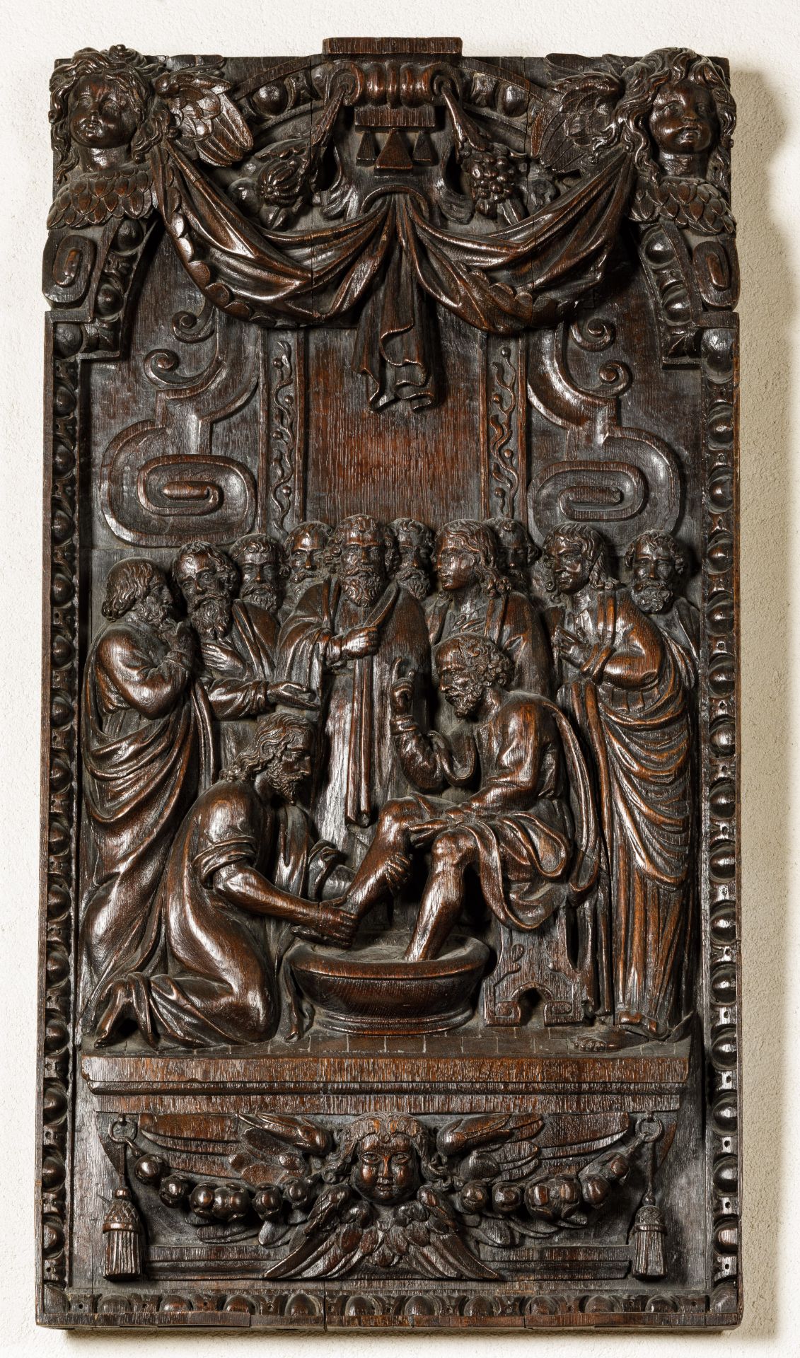 Grand panneau ciselé du Christ lavant les pieds de Saint Pierre Bois de chêne 17 eme siècle