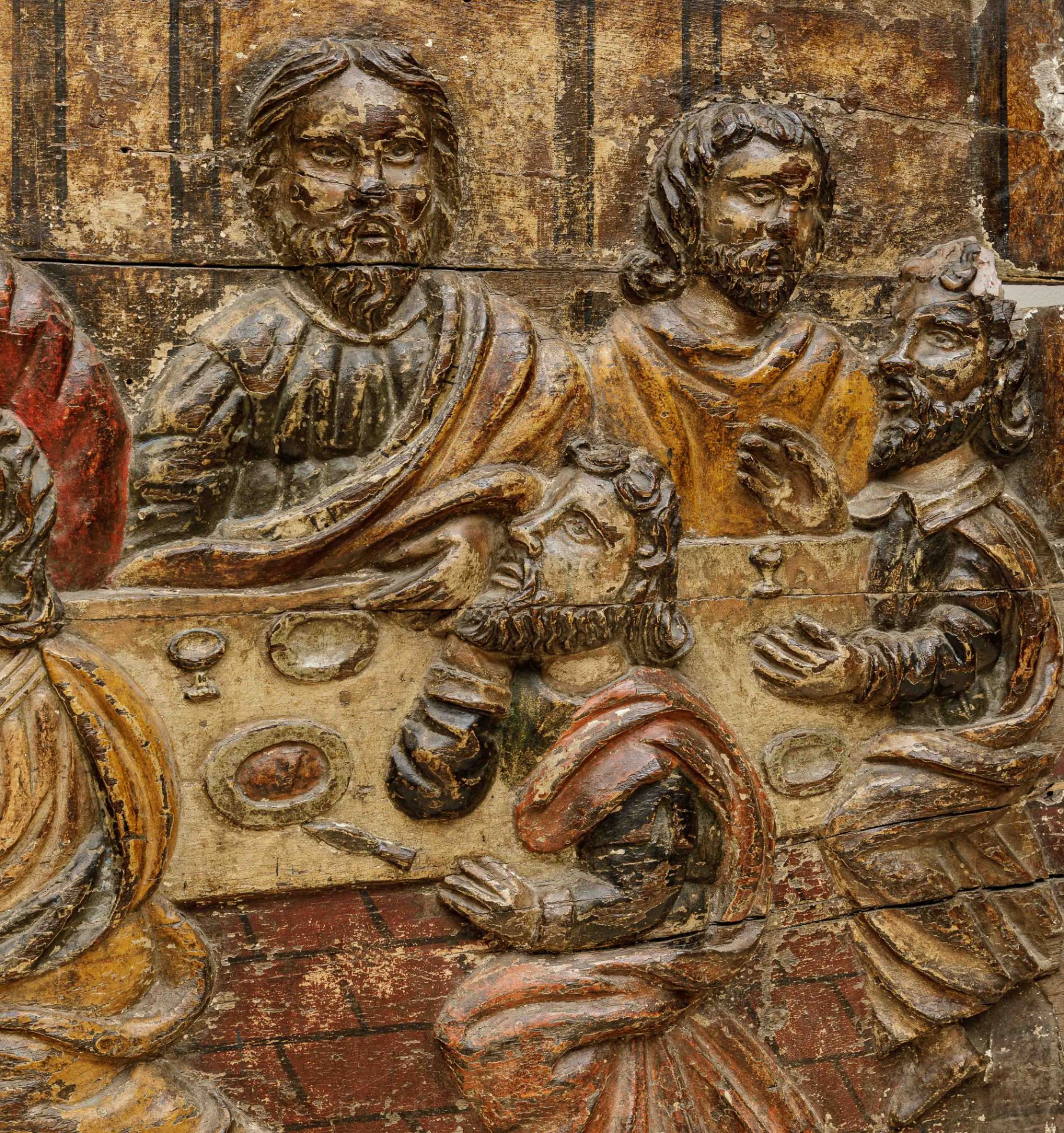 Bas relief sculpté illustrant la Cène le christ et les douze apôtres Bois polychrome 16 eme siècle - Bild 8 aus 12
