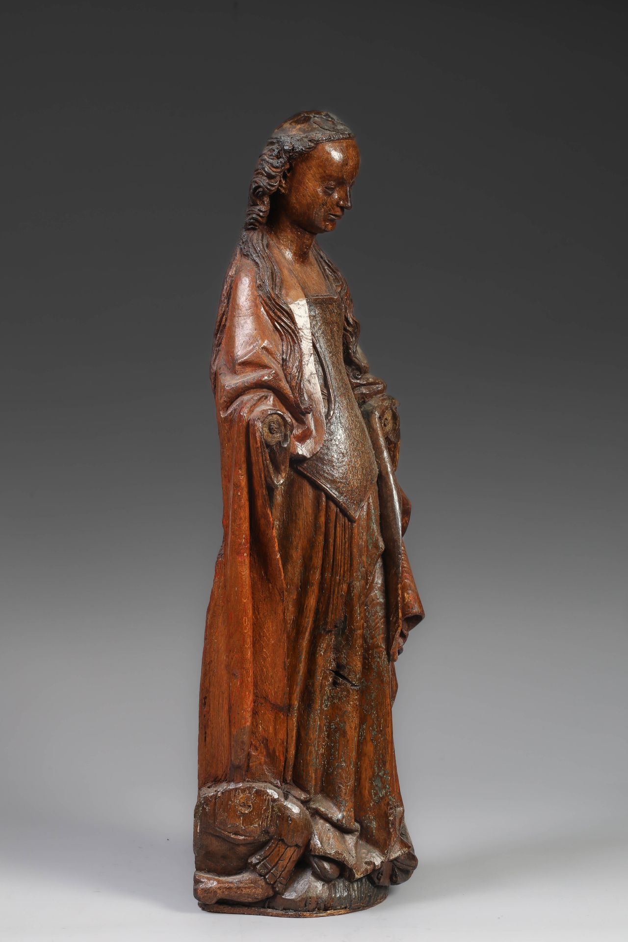 Saint Marguerite en bois sculpté Seconde moitié 15 eme siècle Ht 96cm x l 30cmManque des mains - Bild 3 aus 6