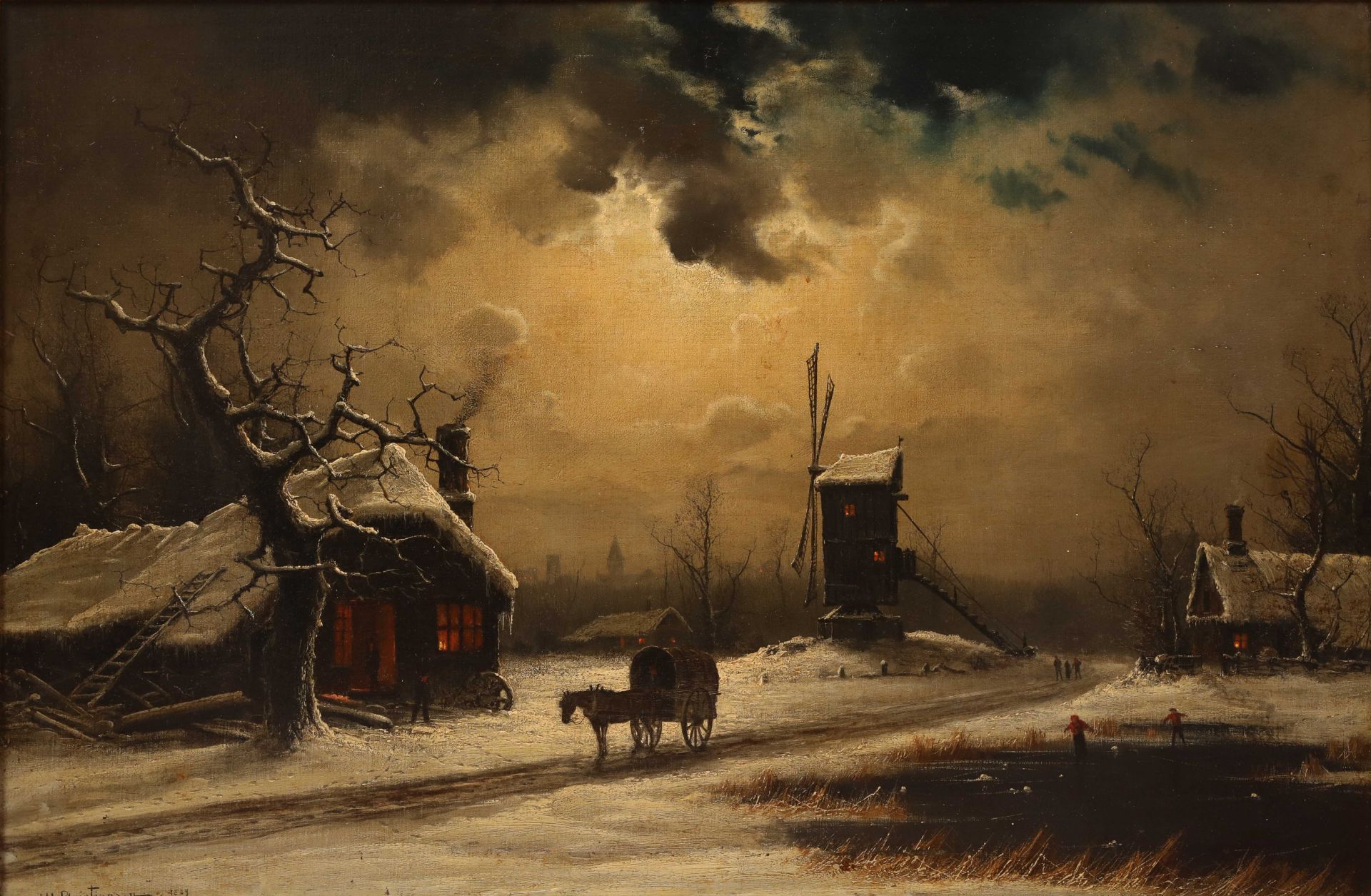Cheval et chariot dans un paysage hollandais gelé éclairé par la lune Huile sur toile Niels H - Bild 2 aus 4