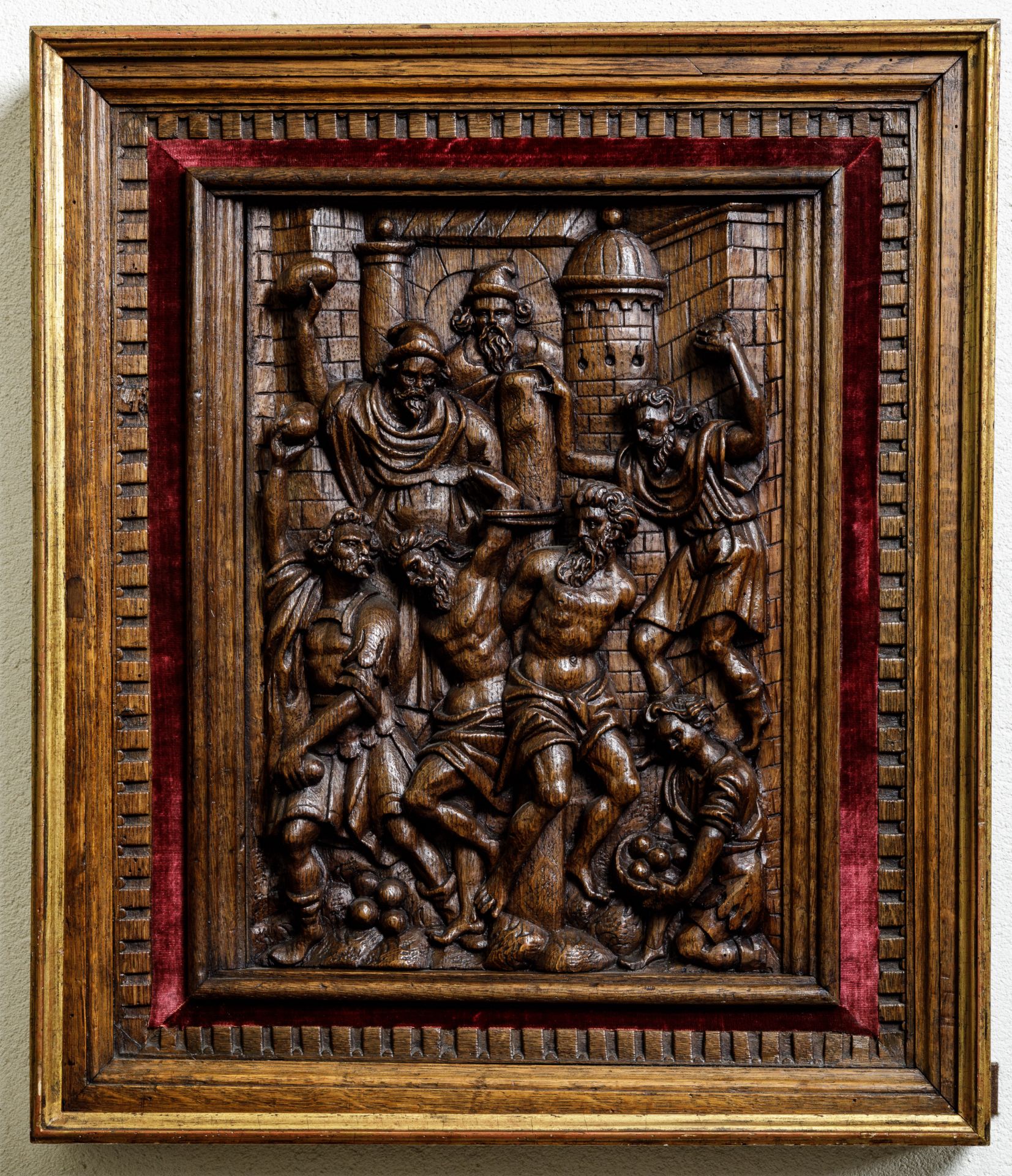 Suite de 4 panneaux de bois de chêne sculptés en relief de scènes de l'ancien testament Les