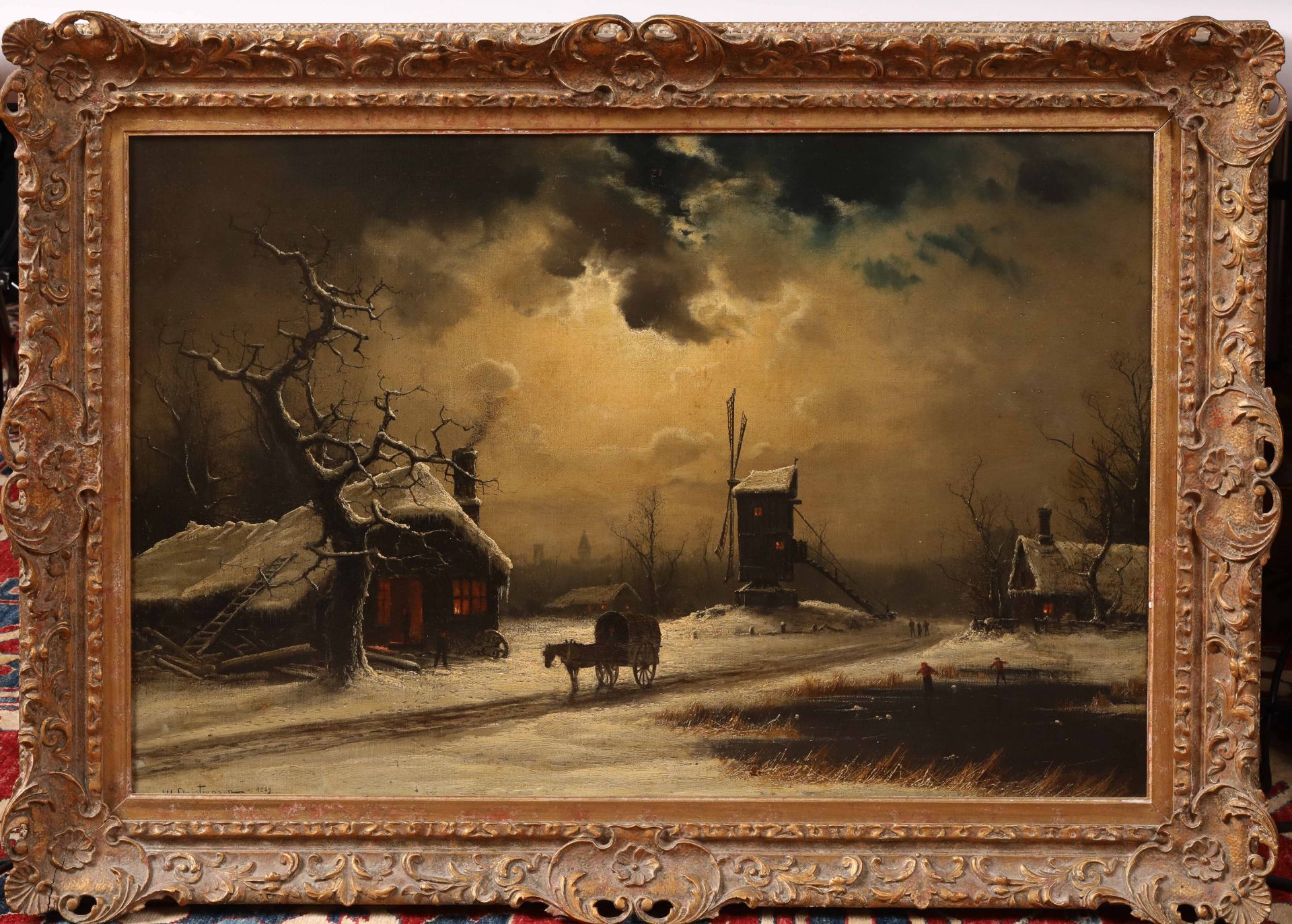 Cheval et chariot dans un paysage hollandais gelé éclairé par la lune Huile sur toile Niels H