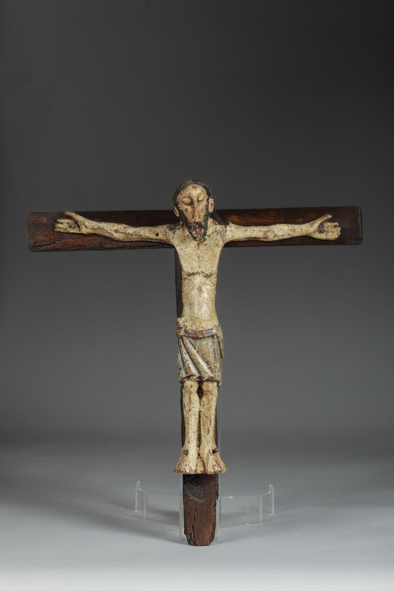 Christ Roman Bois polychrome 12 eme siècle Espagne Christ 52 x 52cm Croix 60 cm x60cm