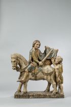 Saint Martin à cheval partageant son manteau avec le mendiant Bois polychrome Tyrol 16 eme siècle