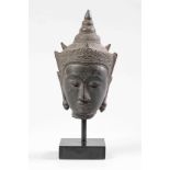 Tête de Buddha couronnée d'un diadème à ailettes surmontée d'un haut rasmi en forme de stupa, son