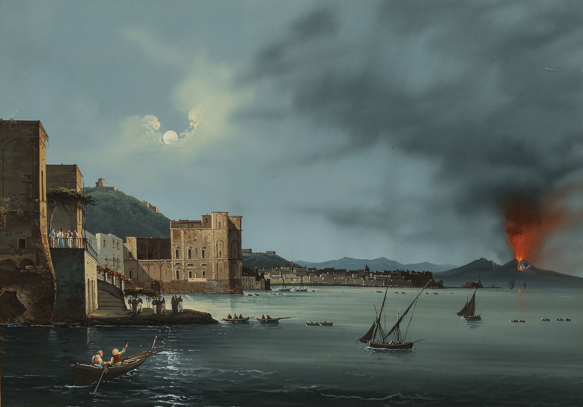 Paire de peintures La baie de Naples avec le Vésuve surplombant la ville Gouache vernissé Vers - Image 2 of 4