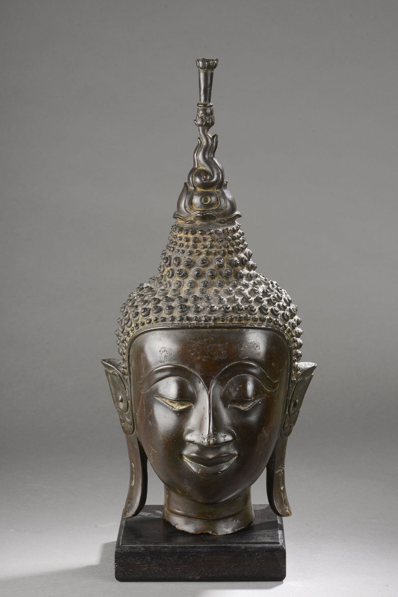 Tête de Buddha à l'expression sereine méditative, les lobbes d'oreilles généreusement allongés