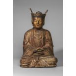 Boddhisattva assis en méditation vêtu d'une robe monastique plissée et coiffé d'une couronne à