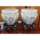 A PAIR OF EARLY 20TH C. CHINESE GOLDFISH BOWLS ON ROSEWOOD STANDS