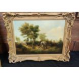 OIL ON BOARD, A LATE 19TH C. COUNTRY SCENE OF A HORSEDRAWN COVERED WAGON, WITH 2 FIGURES DRIVING