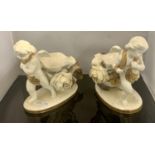 A PAIR OF MOORE BROTHERS VICTORIAN PROCELAIN CHERUB FIGURES WITH BASKETS AND FLORAL DECORATION IN