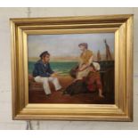 19TH CENTURY OIL ON CANVAS OF A SAILOR AND TWO GIRLS SEATED ON A HARBOUR IN HEAVY GILT FRAME