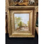 OIL ON CANVAS IN HEAVY GILT FRAME - SHOWING A FIGURE ON A HORSEDRAWN CART WITH CHICKENS IN THE