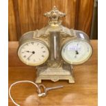 19TH CENTURY DOUBLE BRASS CLOCK/BAROMETER -DRUM SHAPE WITH THERMOMETER ON GILT METAL BASE