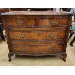 A SMALL BOW FRONT WALNUT CHEST OF 4 DRAWERS 3 LONG (ONE LOOKS LIKE 2 SHORT) ON RAISED FEET