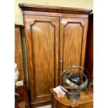 A VICTORIAN MAHOGANY WARDROBE - 2 DOORS ENCLOSING 5 SLIDING TRAY, 3 MILITARY DRAWERS AND SHOE BOX