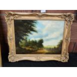 19TH C PAINTING DEPICTING 2 FIGURES IN A LANDSCAPE ON A PATH IN HANDSWEPT GILT FRAME - OIL ON