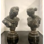 Pair of Spelter Busts on ebonised Stands - possibly Apollo & Diana -both with repairs