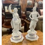 A PAIR OF PARIAN WARE STYLE FIGURINES ON OCTAGONAL BASE SIGNS OF REPAIR