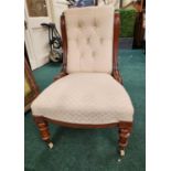 VICTORIAN NURSING CHAIR IN WALNUT WITH LATER CREAM DAMASK UPHOLSTERY