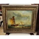 A VICTORIAN PAINTING OF A SAILBOAT ON A HEAVY SWELL WITH DARKENING CLOUDS ABOVE, FIGURES ON THE