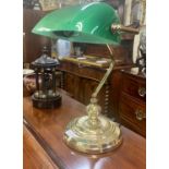 A RPERODUCTION BRASS & GREEN GLASS DESK LAMP