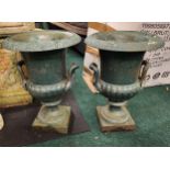 PAIR OF CLASSICAL GREEK URN STYLE METAL GARDEN PLANTERS IN GREEN 45CM HIGH