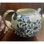 A Chinese Blue & White Lobed Teapot in the Kangxi style with a rattan covered bronze (?) handle - No