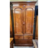 VICTORIAN MAHOGANY LINEN PRESS - CABINET ABOVE 2 SHORT AND ONE LONG DRAWER