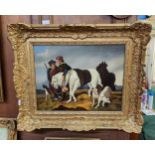 19TH CENTURY OIL ON CANVAS SCOTTISH SCENE - TWO FIGURES IN HIGHLAND DRESS WITH 2 HORSES AND 3 DOGS