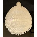 CARVED MOTHER OF PEARL JERUSALEM SHELL, C. 1900, 12.8CM HIGH