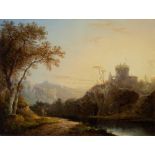 Scuola italiana, secolo XIX - River landscape with fortress
