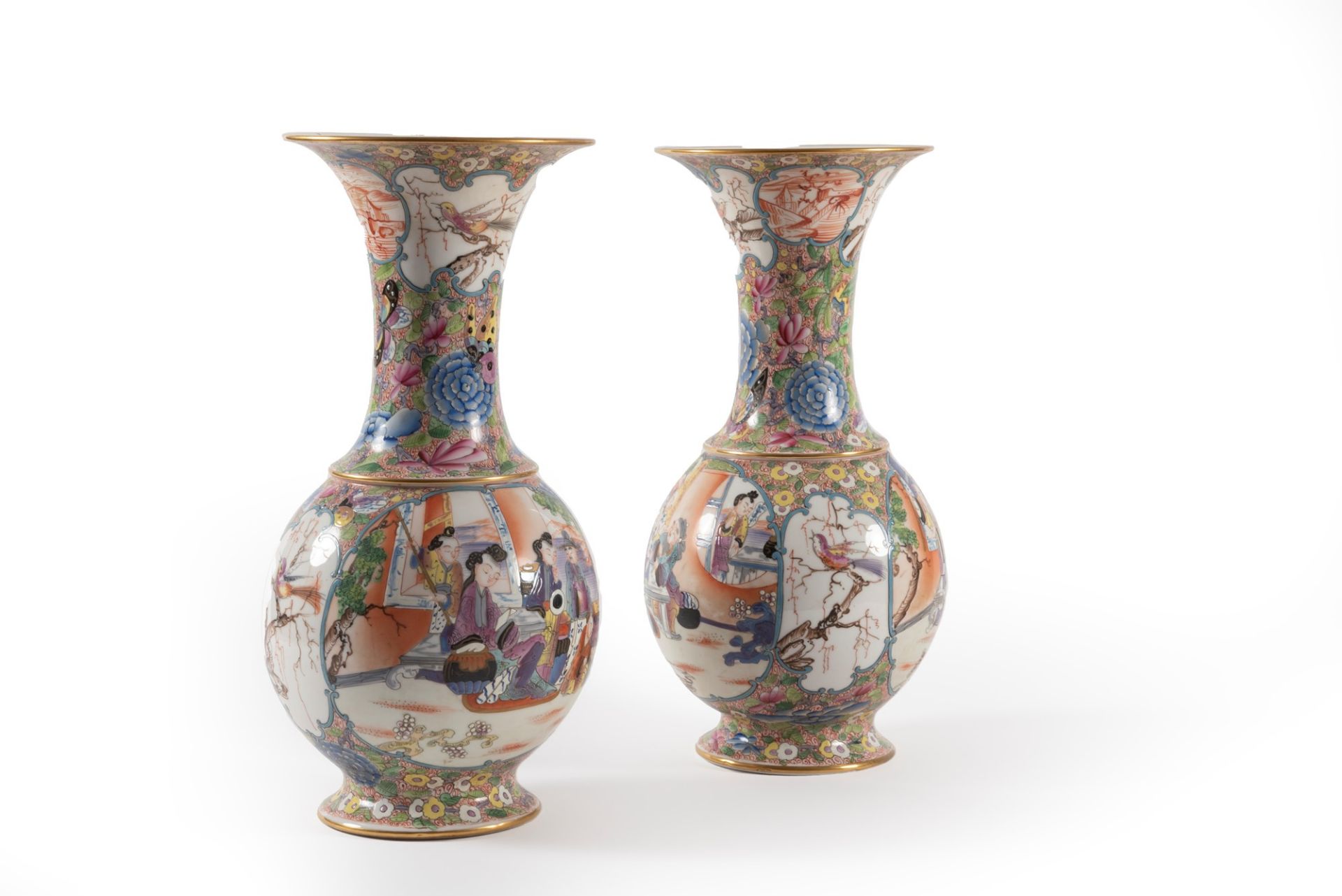 A pair of polychrome porcelain vases, oriental style, 19th century