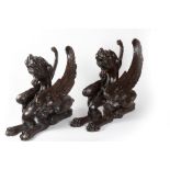 Pair of dark patina wooden chimeras, 19th century